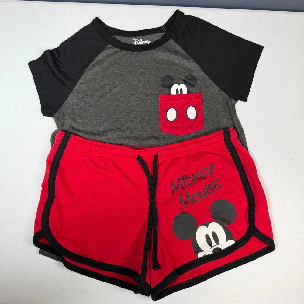Disney Mickey Mouse Pajama Set‎ L (11/13) Red Gray Raglan Pocket Tee Shorts